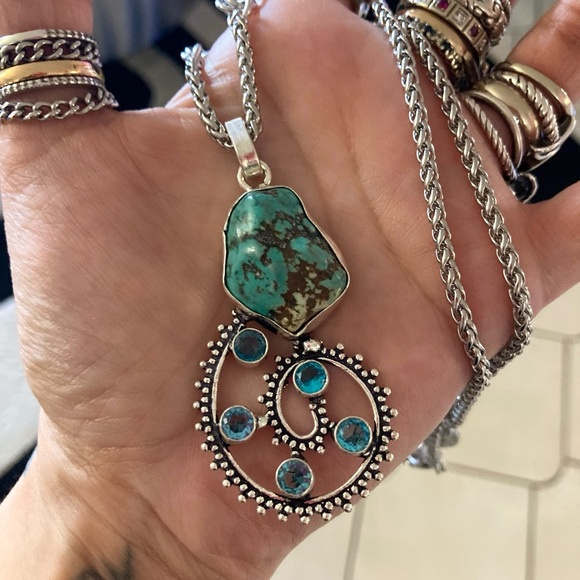 925 Sterling silver overlay natural blue turquoise spiral design necklace - Picture 8 of 10